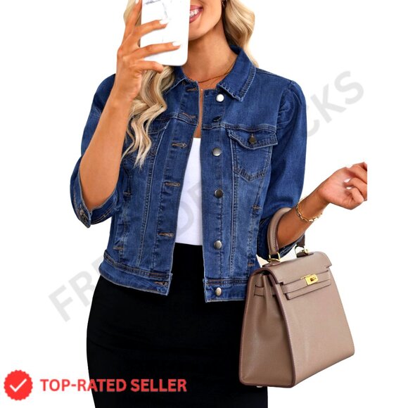Cropped Denim Jacket Stretchy Puff Sleeve Distressed Shacket with Pockets